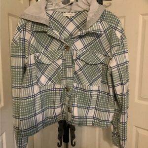 Green and White Plaid Flannel with Hood